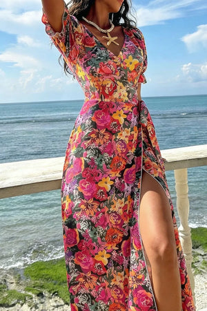 Slit Floral Short Sleeve Maxi Dress in Floral, back view