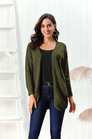 Army green draped knit open-front cardigan with long sleeves and a relaxed fit.