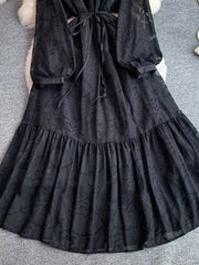 Black embroidered tie-waist dress with sheer sleeves and tiered skirt.