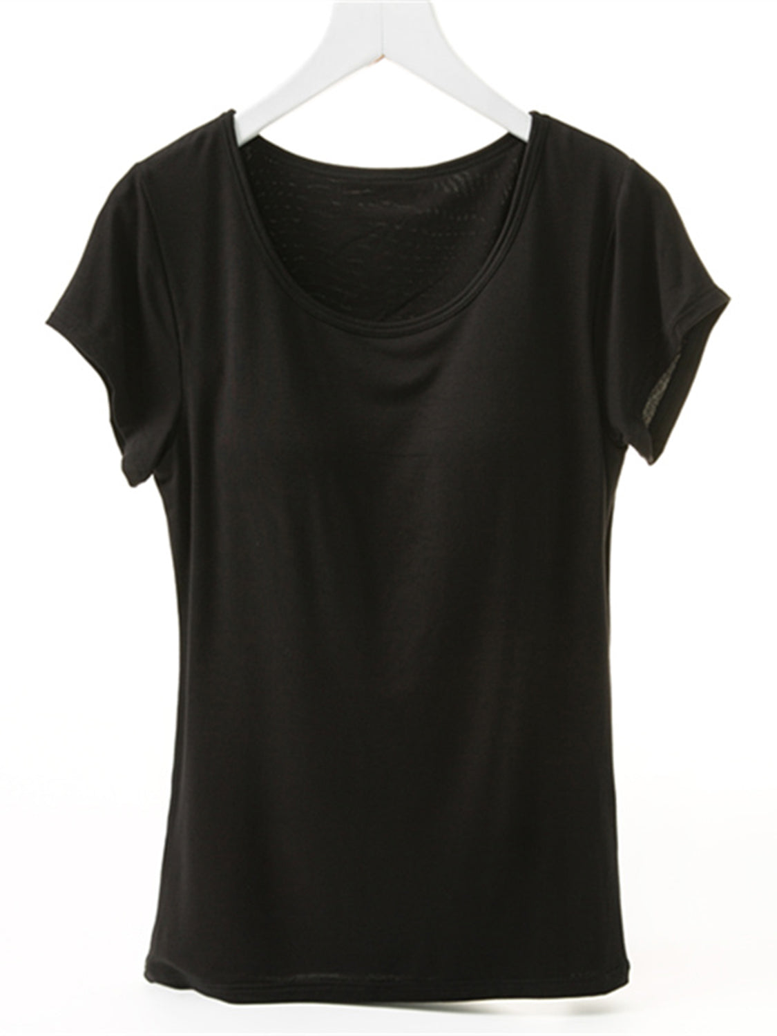 Black short sleeve t-shirt with built-in bralette and scoop neck
