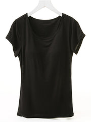 Black short sleeve t-shirt with built-in bralette and scoop neck