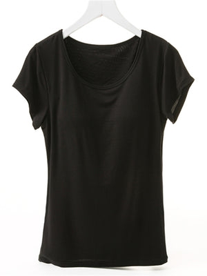 Black short sleeve t-shirt with built-in bralette and scoop neck