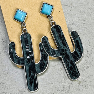 Black cactus silhouette drop earrings with turquoise square tops