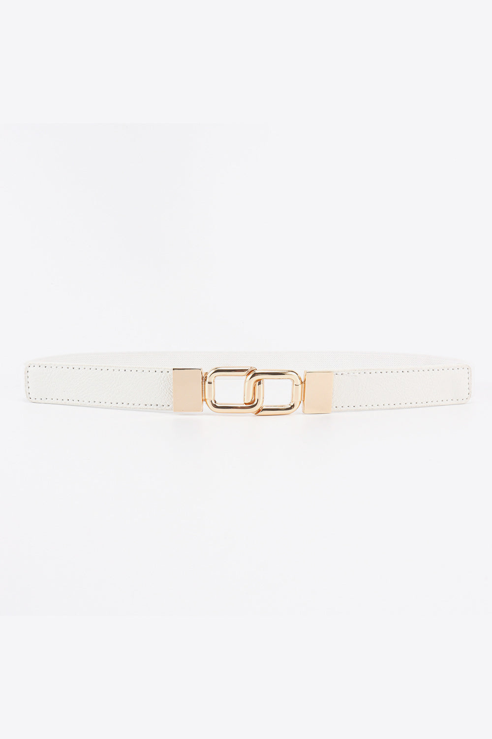 White belt with linked rectangle gold buckle and gold end caps