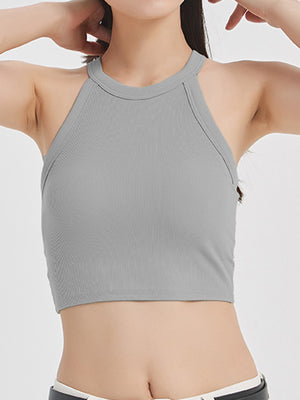 Gray ribbed halter crop top with contrast stitching detail