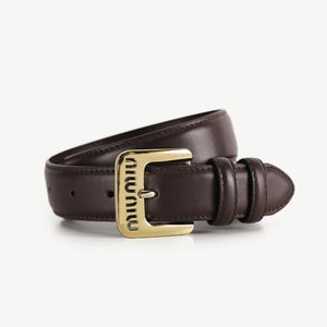 Brown cowhide leather belt with gold buckle and logo detail