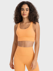 Performance bra in peach with scoop neck and wide band.