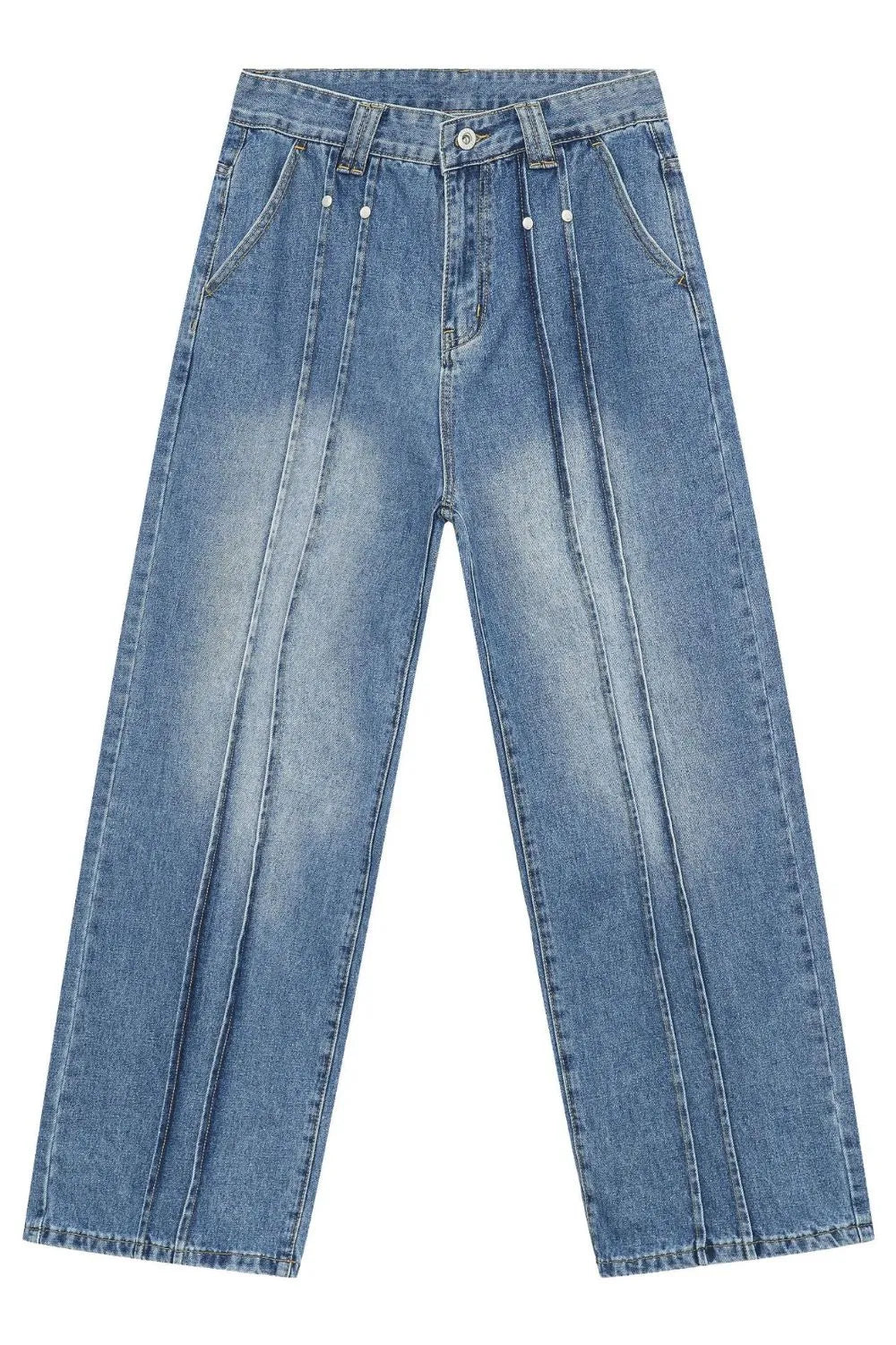 Medium wash denim trousers with vertical seams and a relaxed fit.