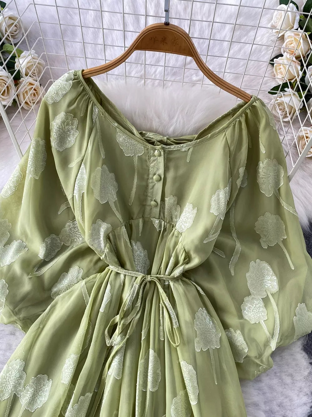 Green chiffon maxi dress with floral embroidery, button front, and tie waist.