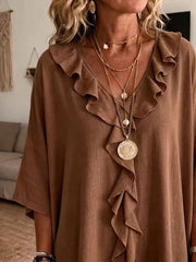 Full Size Ruffle V-neck 3/4 Sleeve Blouse Plus Size in Green, fit detail