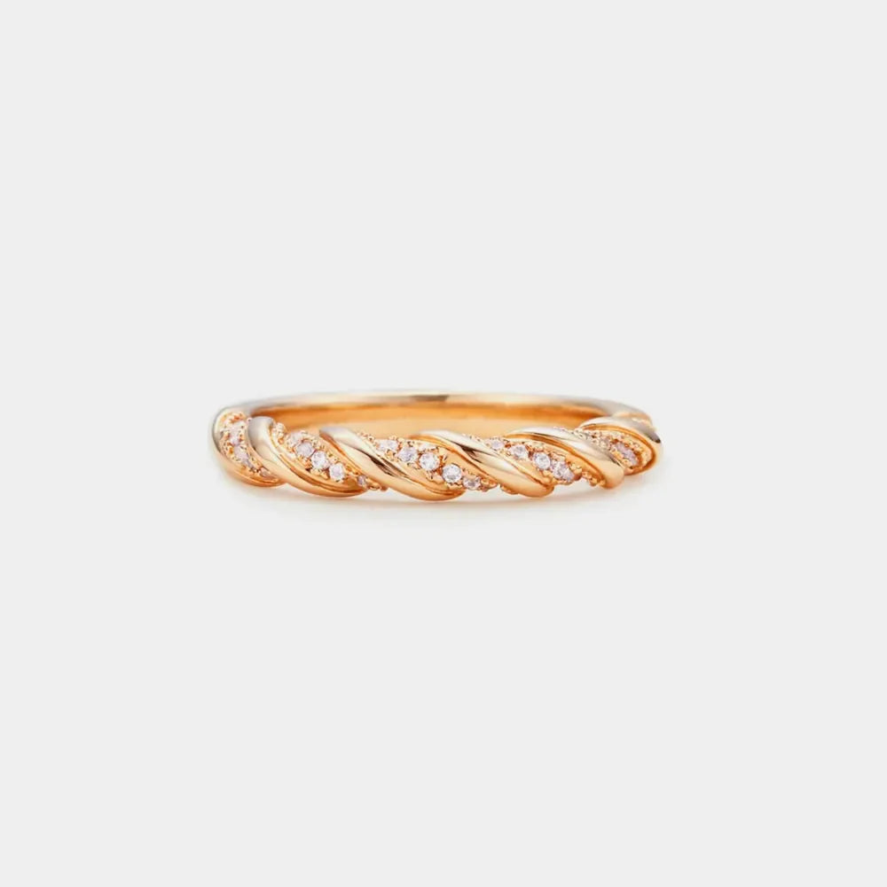 Gold twisted band ring with pave zirconia details, 925 sterling silver