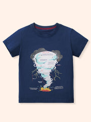 Dark navy crew neck t-shirt with a tornado educational graphic.