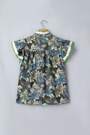 Botanical print cotton shirt with ruffle sleeves and green trim