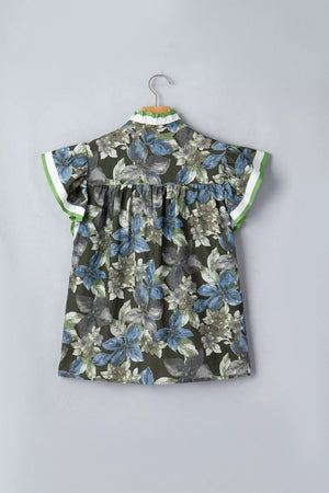 Botanical print cotton shirt with ruffle sleeves and green trim