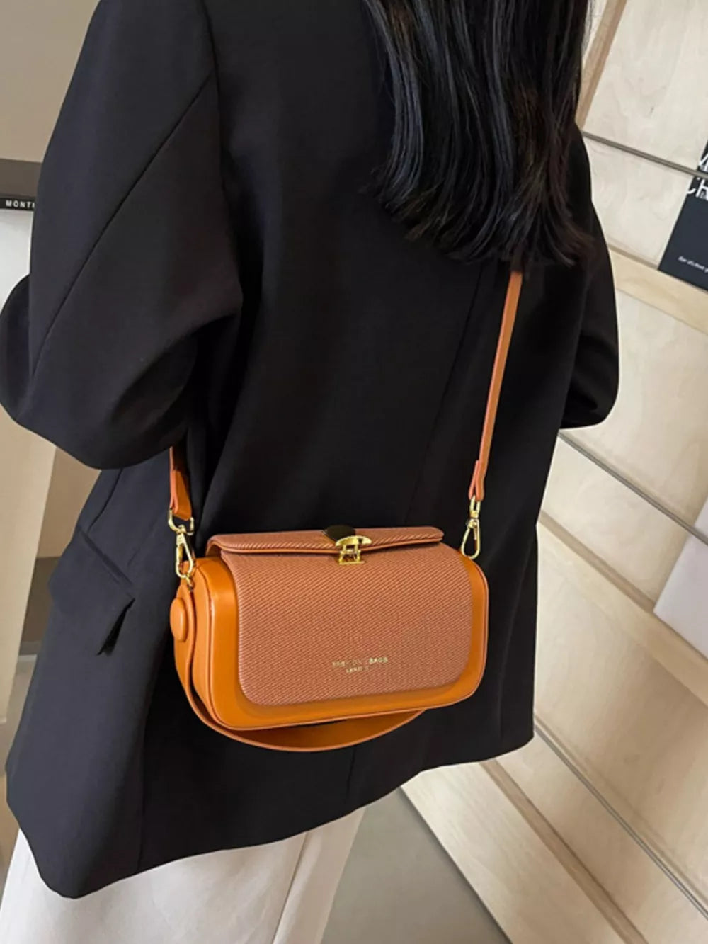 Adjustable Strap Crossbody Bag in Brown, fabric detail