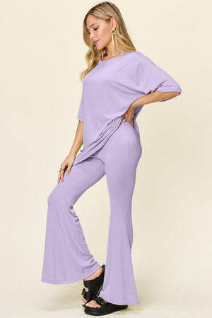 Lavender oversized tee and flare leg pants set