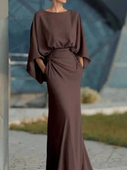 Brown batwing sleeve maxi dress with ruched waist detail and pockets