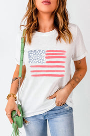 White crewneck tee with a painted American flag graphic and short sleeves.