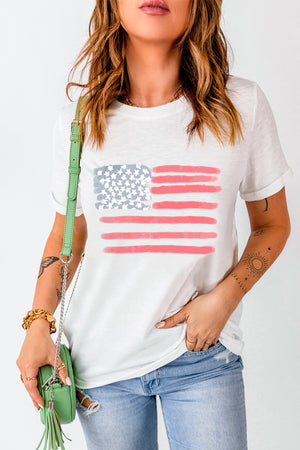 White crewneck tee with a painted American flag graphic and short sleeves.