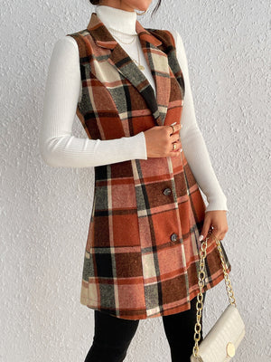 Tailored plaid sleeveless blazer dress in caramel with button details.