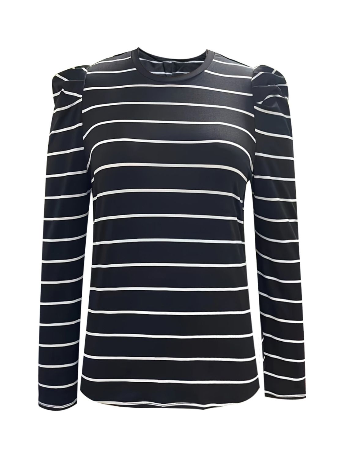 Black and white horizontal stripe long sleeve top with gathered puff sleeves
