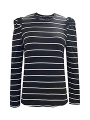 Black and white horizontal stripe long sleeve top with gathered puff sleeves