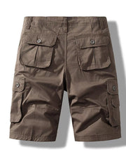 Men's brown cargo shorts with multiple button-flap pockets.