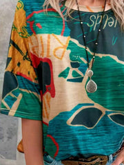 Brushstroke Stripe Casual T-Shirt with abstract geometric print in yellow, green, blue, and red.