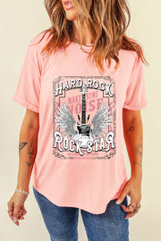 Hard Rock graphic tee in watermelon pink with wings and guitar design.