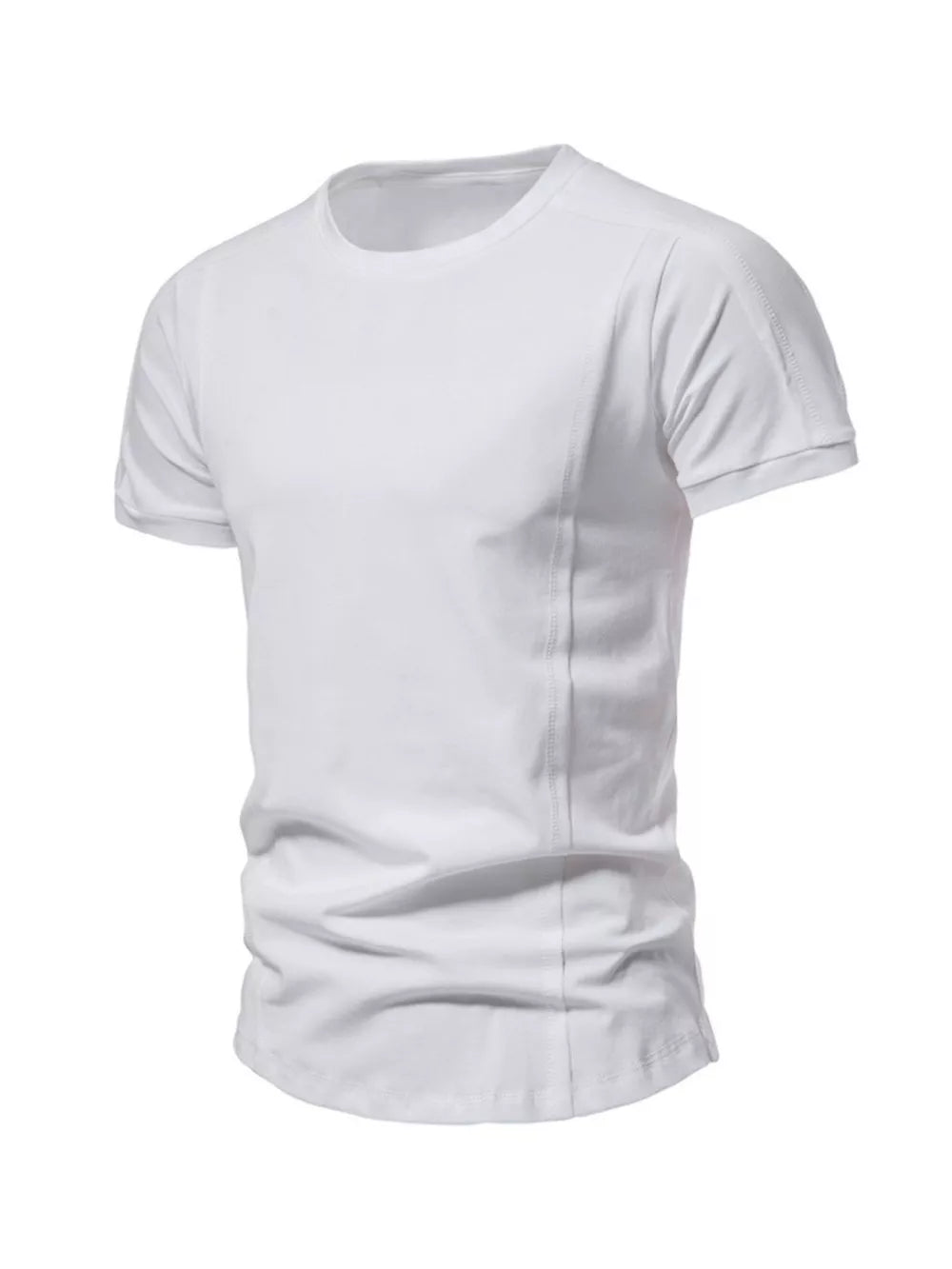 Men's white cotton round neck t-shirt with tactical stitching details.