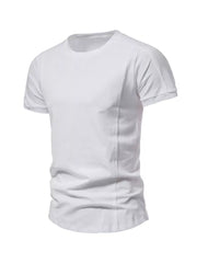 Men's white cotton round neck t-shirt with tactical stitching details.