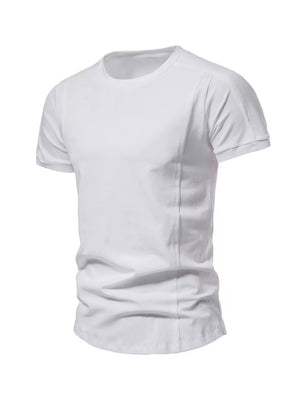 Men's white cotton round neck t-shirt with tactical stitching details.