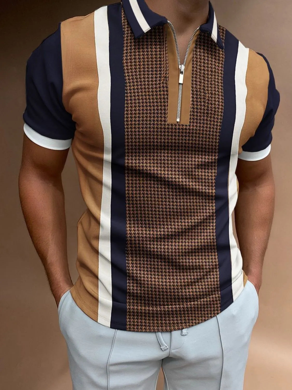 Houndstooth panel zip polo shirt with vertical stripes in camel, navy, and white.