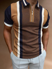 Houndstooth panel zip polo shirt with vertical stripes in camel, navy, and white.