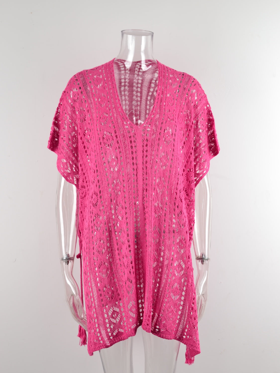 Hot Pink open-knit V-neck beach cover-up with short sleeves and tassel trim.