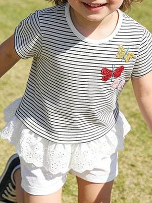 Kids embroidered butterfly striped cotton t-shirt