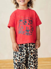 Red cotton toddler t-shirt with leopard graphic and text.