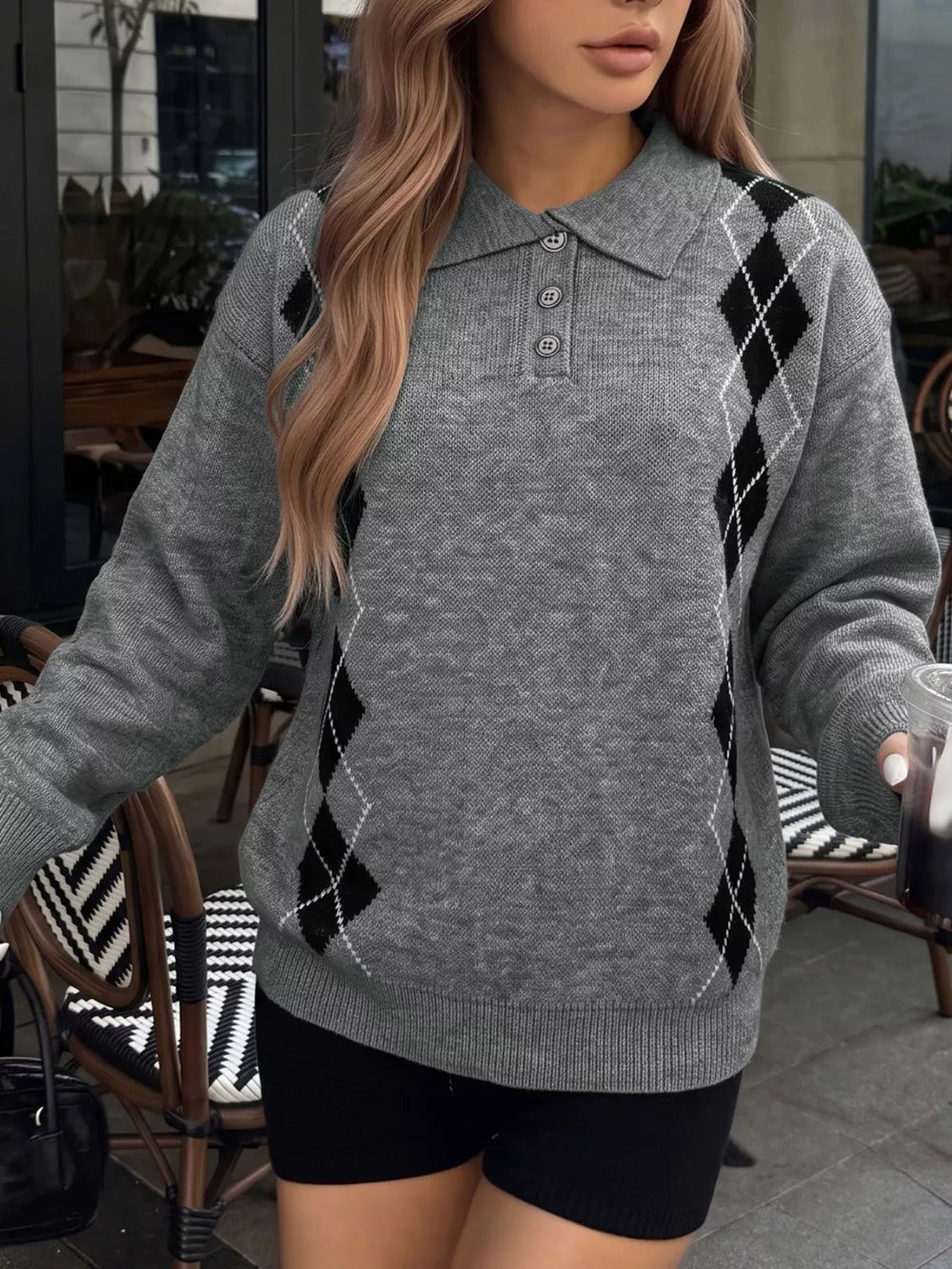 Argyle Patterned Polo Collar Sweater in Dark Gray, model styling view