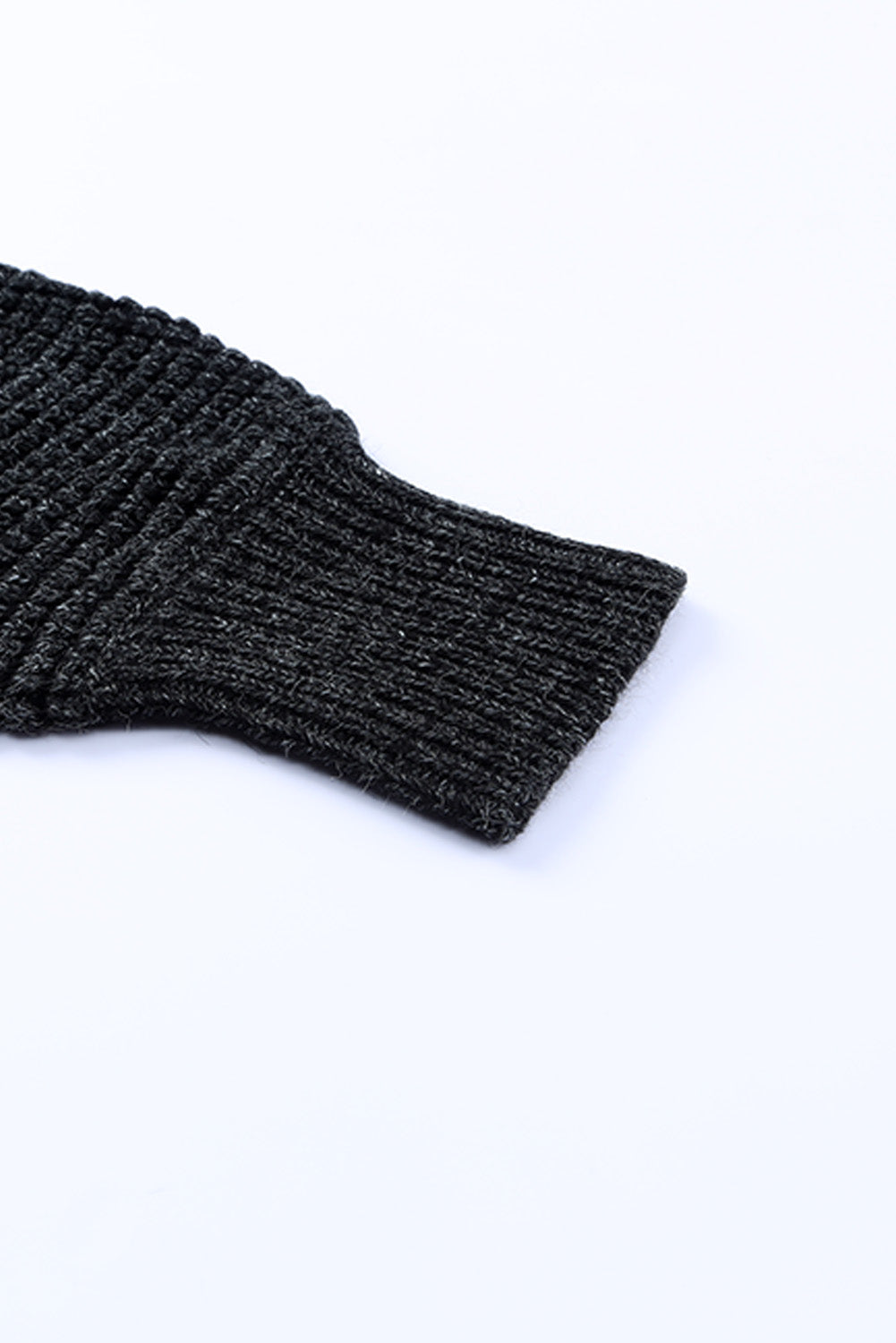 Textured acrylic open cardigan sleeve in charcoal gray with ribbed cuff detail.
