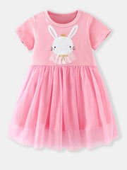 Pink toddler tulle dress with bunny applique and crown detail.