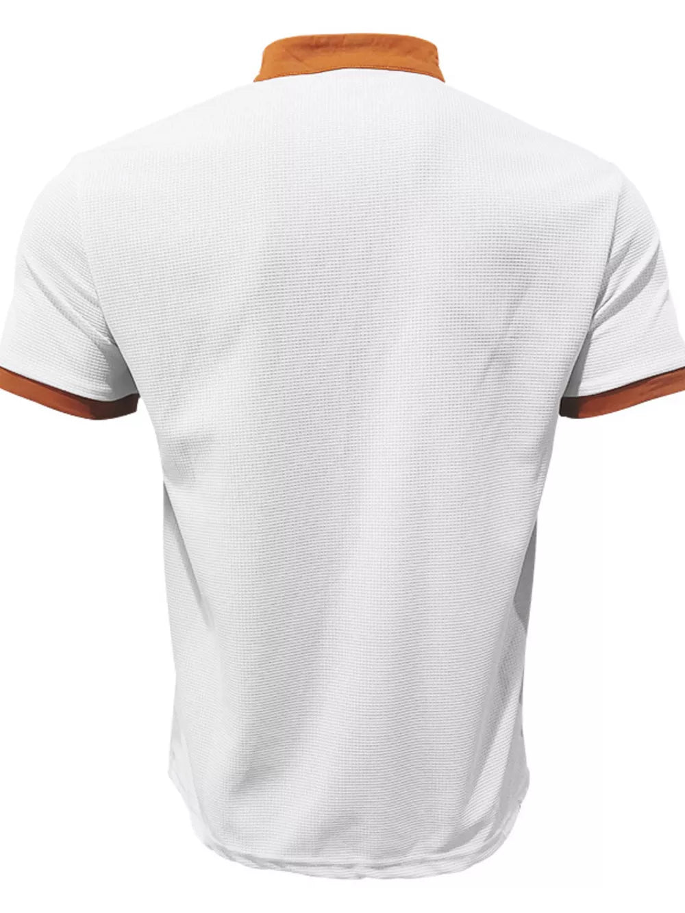 White men's short sleeve tee with textured fabric and brown trim on collar and sleeves.