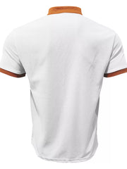 White men's short sleeve tee with textured fabric and brown trim on collar and sleeves.