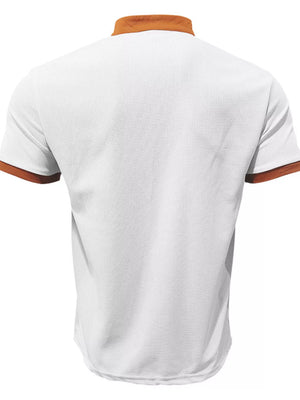White men's short sleeve tee with textured fabric and brown trim on collar and sleeves.