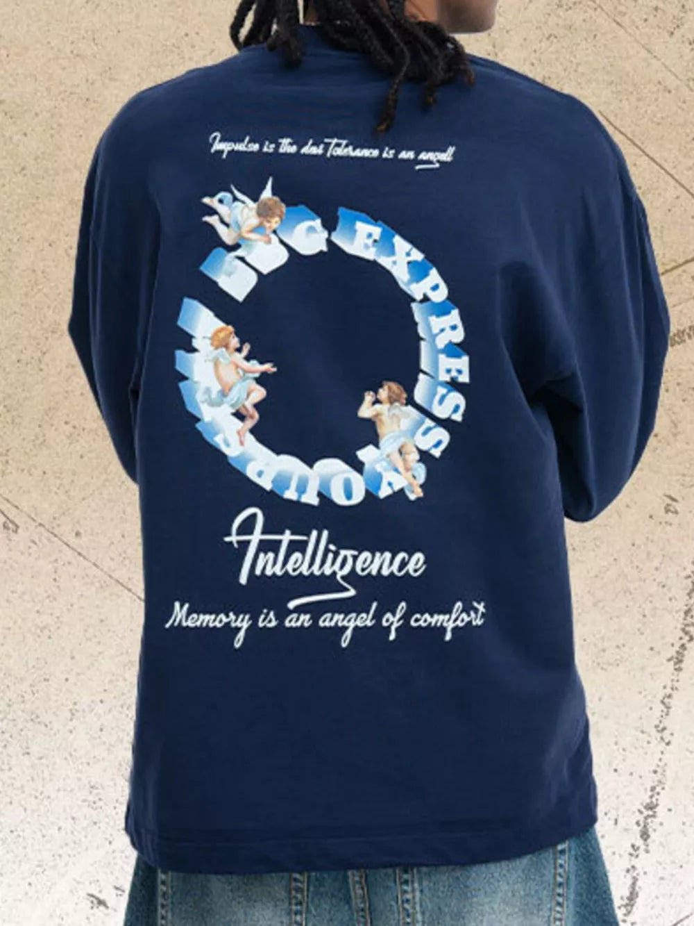 Crew-neck Graphic Long-sleeve Top in Royal Blue, front view