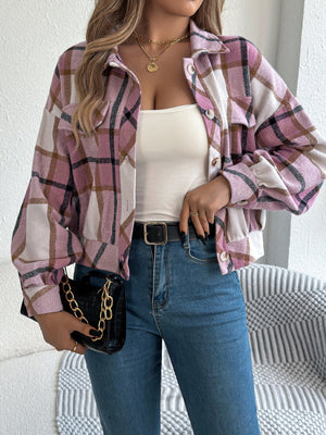 Cropped plaid shacket in dusty pink with gathered sleeves and button front.