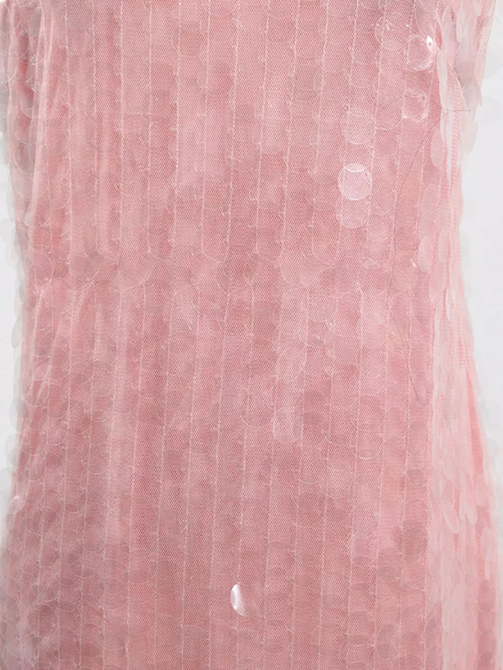 Pink iridescent sequin halter mini dress with vertical textured detail.