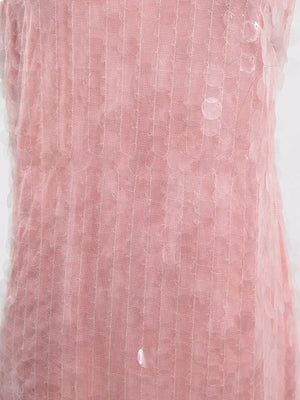 Pink iridescent sequin halter mini dress with vertical textured detail.