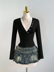 V-neck Lace Trim Ribbed Knit T-shirt, editorial view