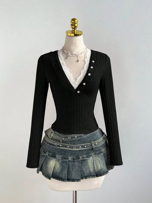 V-neck Lace Trim Ribbed Knit T-shirt, editorial view