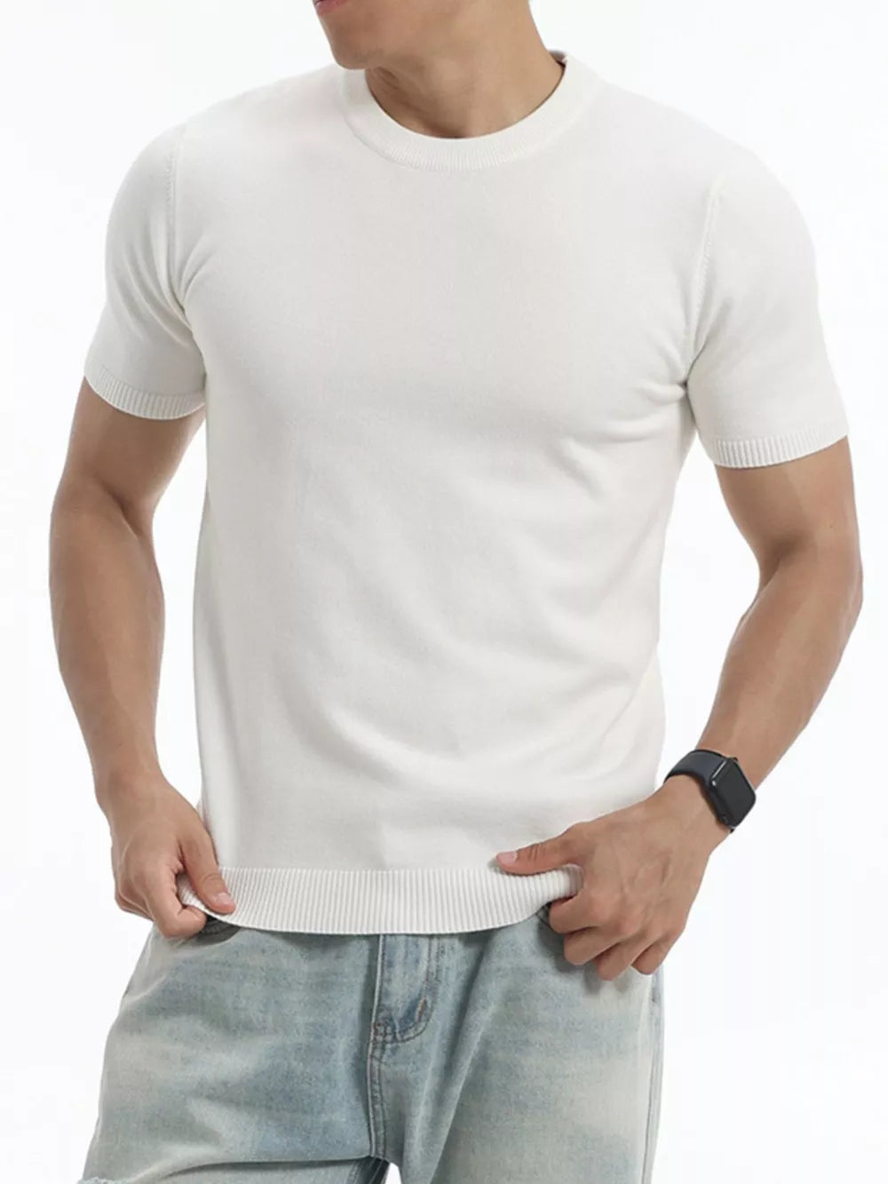 Men's white acrylic knit crew neck undershirt with ribbed hem detail